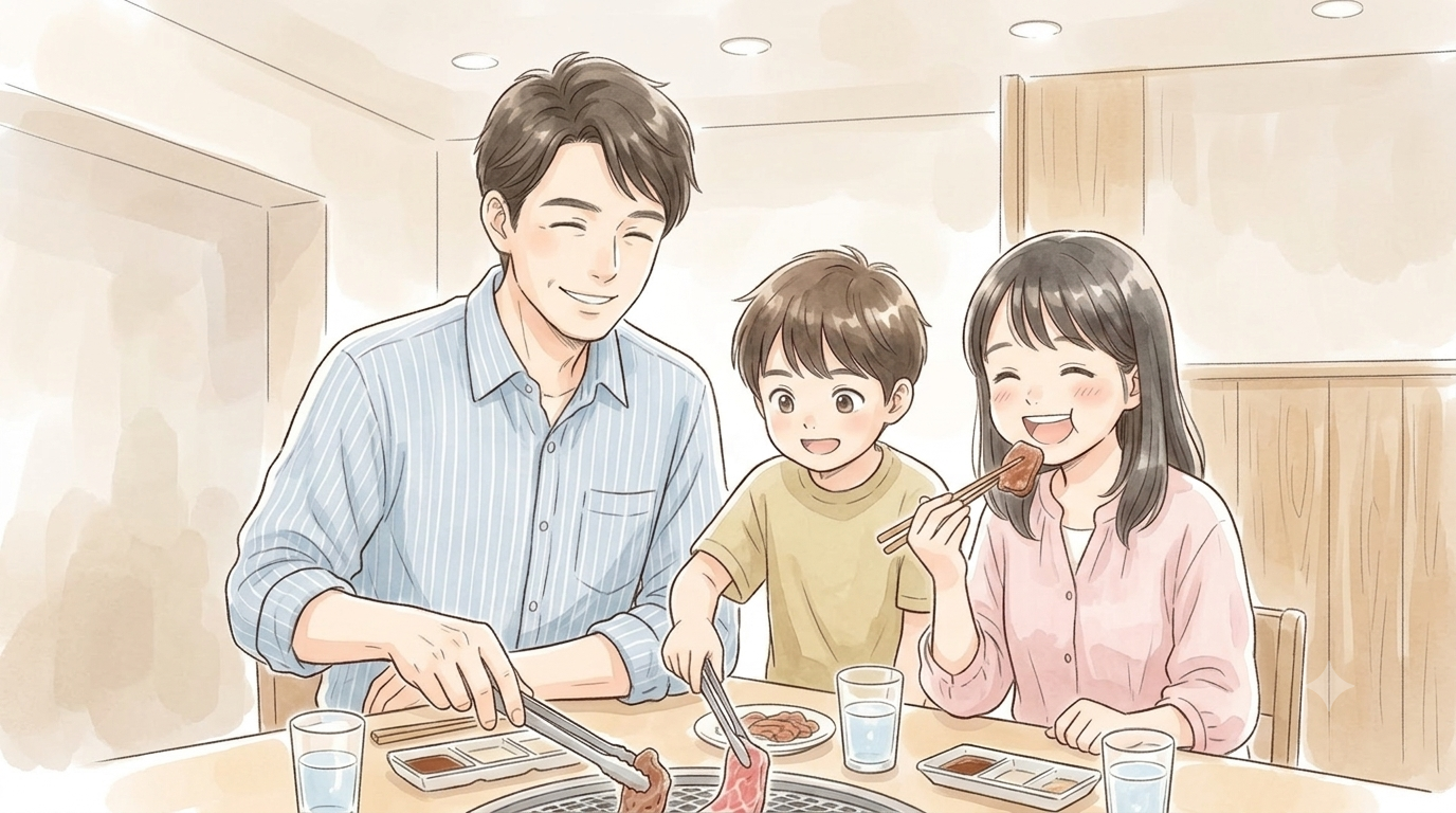焼肉屋さんで家族団らん、父と息子がお肉を焼くイラスト